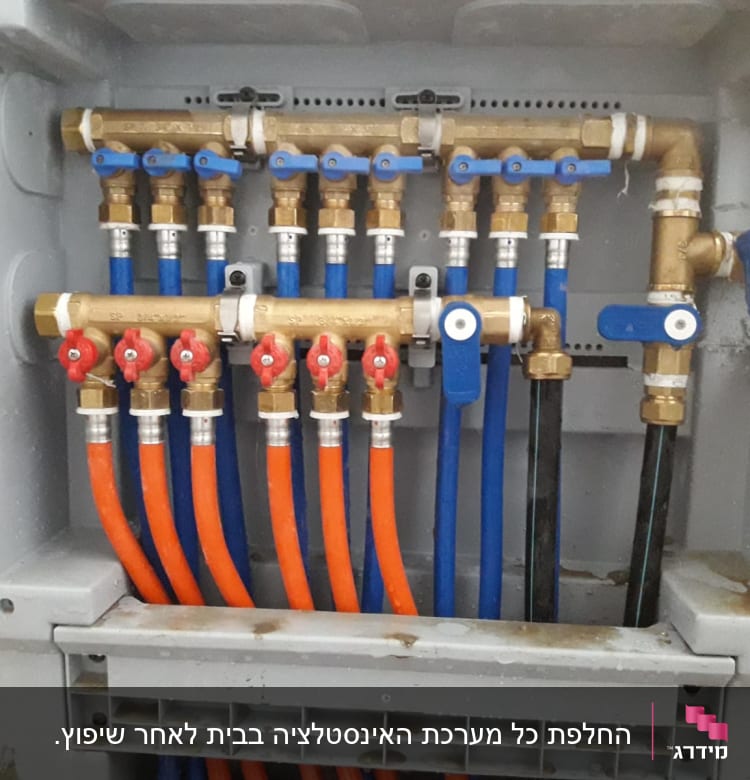 צנרת מים עם ברזים כחולים ואדומים